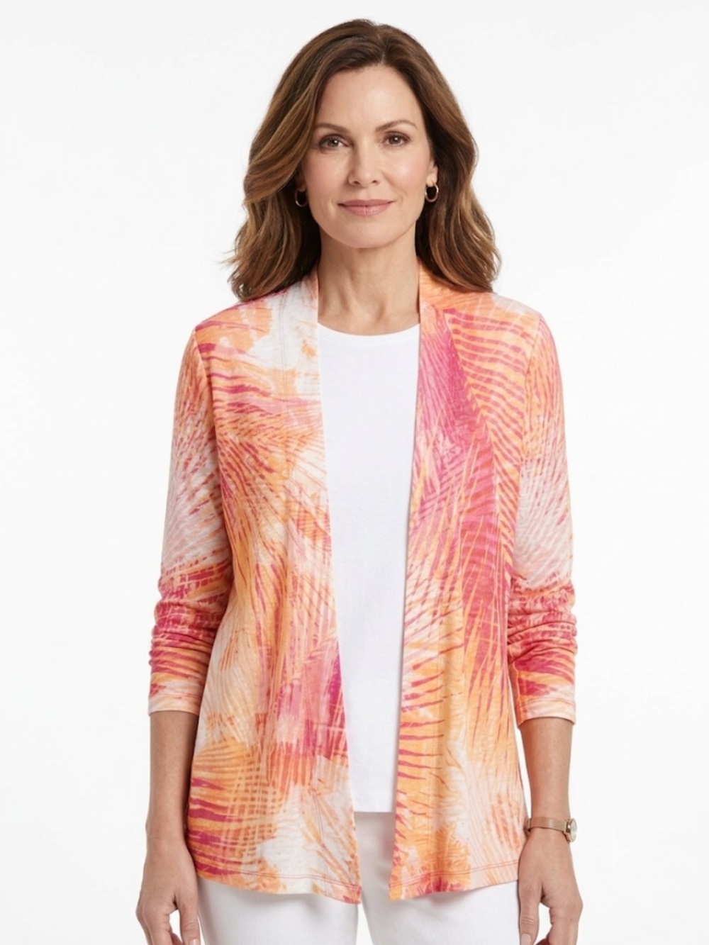 Chico's Women Tropical Palm Print Cardigan Linen Large